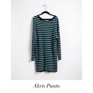 Akris Punto Teal Navy Blue Striped Open Knit Tunic Dress 14